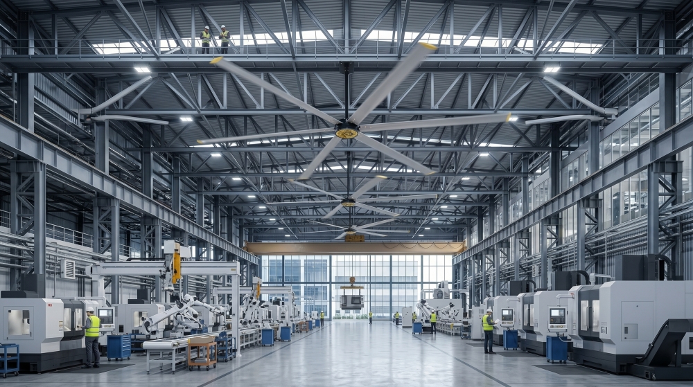 Visualisation d'audit technique : Un immense ventilateur de plafond industriel (HVLS) avec des profils aérodynamiques spécialisés en aluminium 6063-T6 fonctionne au-dessus d'une usine. Le moteur MSAP à entraînement direct gère la stratification thermique à travers la vaste structure en treillis d'acier et la zone de centre d'usinage, tandis que les ouvriers de l'usine surveillent la production depuis une plateforme en hauteur. Visualisation d'audit technique : Un immense ventilateur de plafond industriel (HVLS) avec des profils aérodynamiques spécialisés en aluminium 6063-T6 fonctionne au-dessus d'une usine. Le moteur MSAP à entraînement direct gère la stratification thermique à travers la vaste structure en treillis d'acier et la zone de centre d'usinage, tandis que les ouvriers de l'usine surveillent la production depuis une plateforme en hauteur.